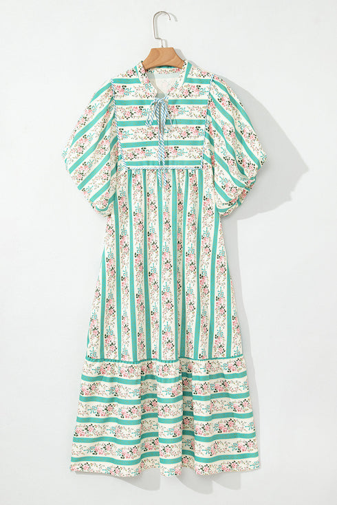 Multicolour Striped Floral Print Tie Split Neck Puff Sleeve Midi Dress